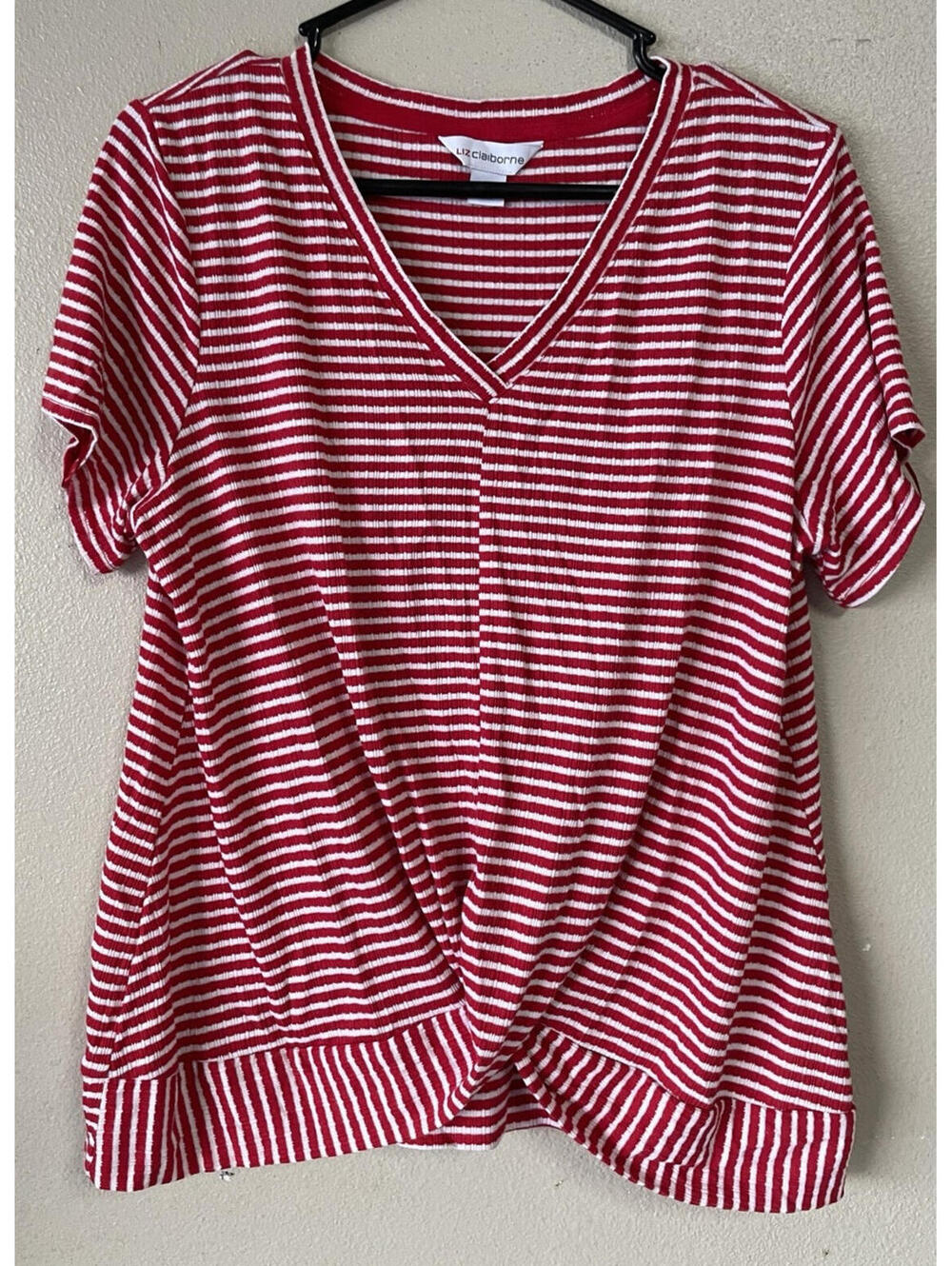 liz claiborne xl tops Twist Front Red White Striped Short Sleeve